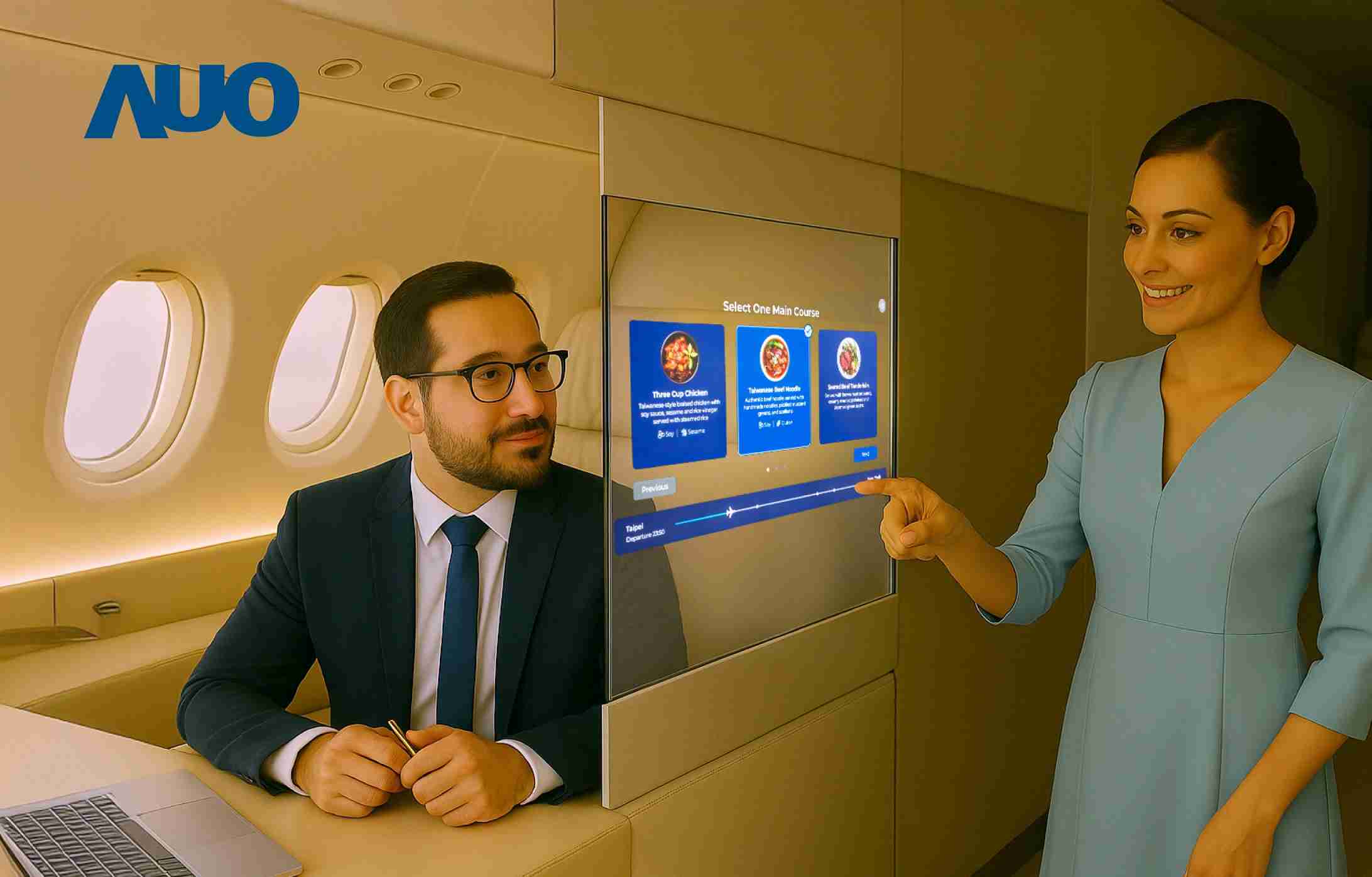 冰球突破研发全球最薄17.3 吋双面透明 Micro LED 显示器，，，可在同一屏幕之双边投射不同信息，，，，创造独特的”透明化”互动；图为实时翻译交流应用情境